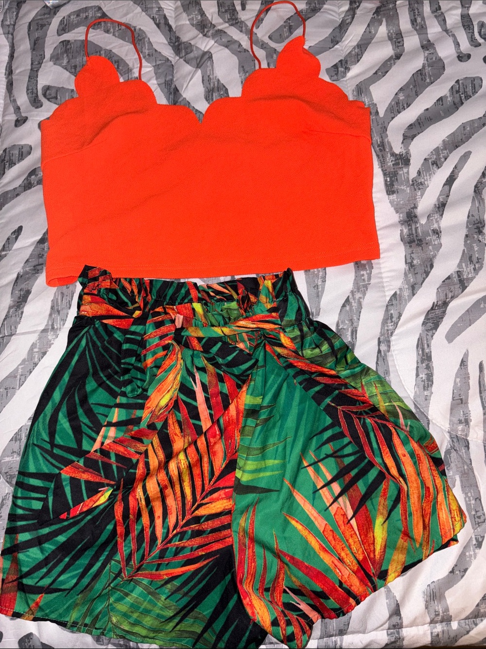 Bright Orange Scallop Crop Top with Tropical Leaf Shorts